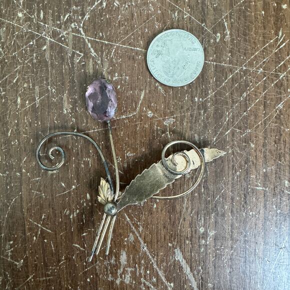 STERLING Antique Amethyst Floral Style‎ Brooch Pin - Picture 5 of 6